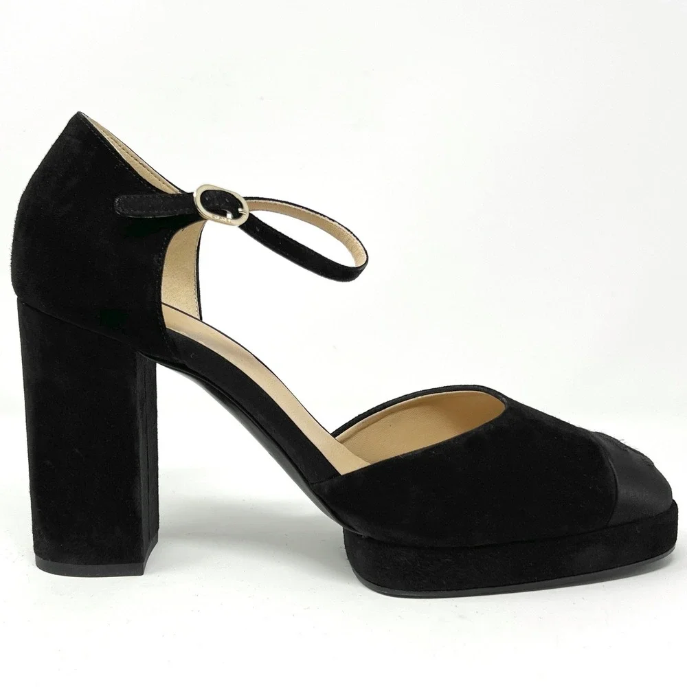 Chanel Black Suede Mary Jane Pumps Cap Toe CC‎ Logo Heels 41